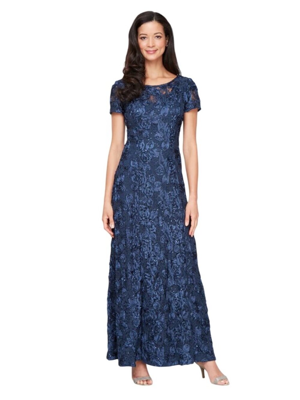 Evelyn Rosette Lace Long Gown By Alex Evenings Cap Sleeves Navy Blue 8P formal